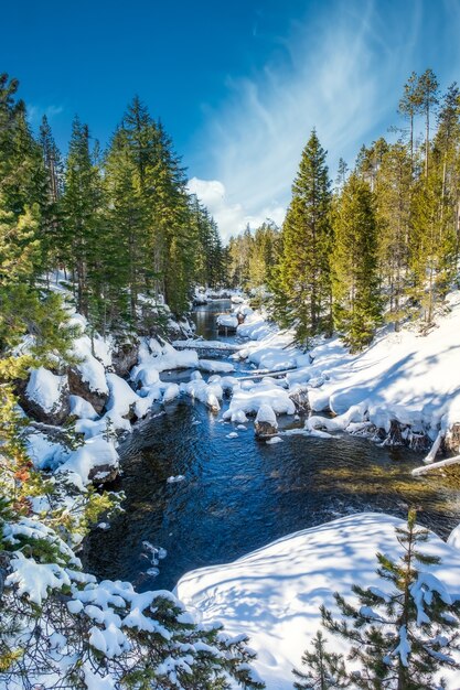 Scatto affascinante di un bellissimo parco roccioso innevato intorno al lago con lo sfondo di una montagna