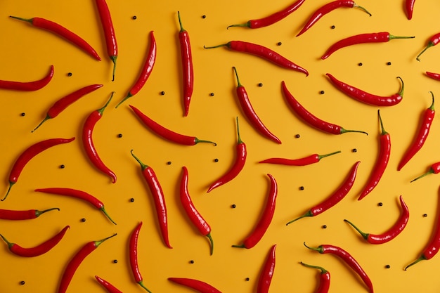 Scatto dall'alto di peperoncino rosso maturo lungo e sottile e grani di pepe nero disposti intorno alla parete gialla dello studio. Sfondo di cibo. Set di peperoni. Varietà di spezie. Verdure e concetto di nutrizione