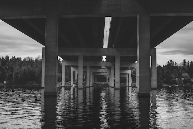 Scatto in scala di grigi dal basso del ponte sull'acqua a Seattle WA