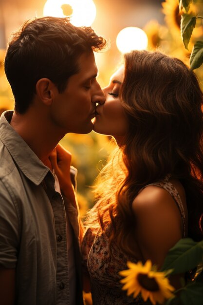 Scatto medio di una coppia romantica che si bacia.