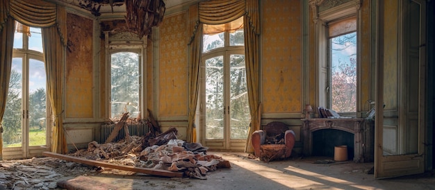 Scatto panoramico di un soggiorno in rovina abbandonato