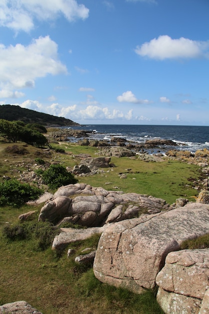 Scatto verticale di un bellissimo paesaggio costiero con grandi rocce a Hammer Odde, Bornholm, Danimarca