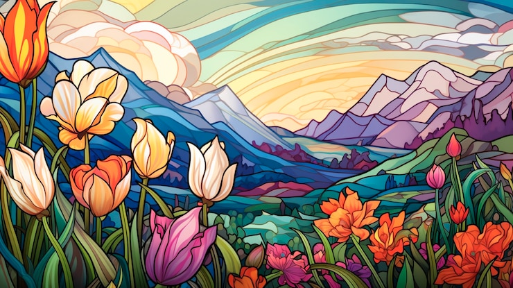 Foto gratuito scena artistica ispirata allo stile art nouveau con raffigurazioni colorate