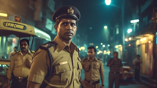 scena cinematografica di poliziotti di Mumbai in uniforme khaki