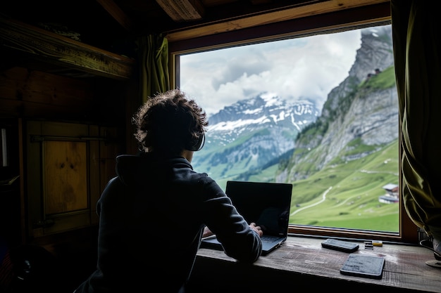 Scena con giovani diversi che sono nomadi digitali e lavorano a distanza da luoghi da sogno