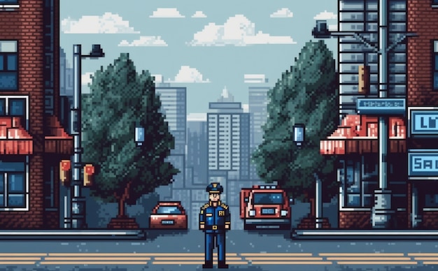 Scena con pixel grafici a 8 bit con l'ufficio di polizia