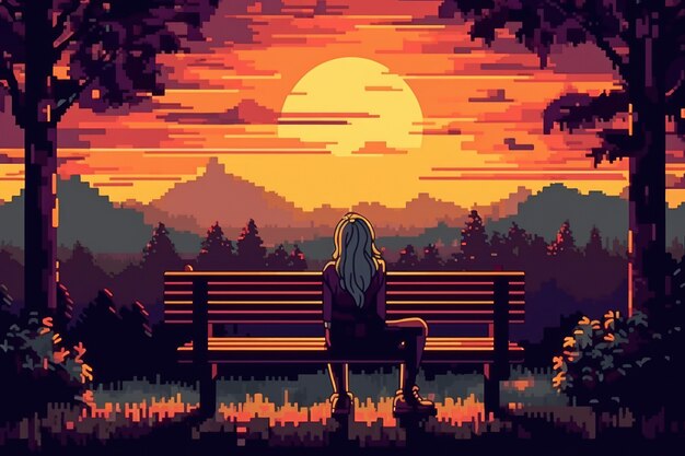 Scena con pixel grafici a 8 bit con persona sulla panchina al tramonto