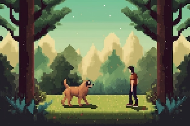 Scena con pixel grafici a 8 bit con una persona che porta a spasso il cane al parco