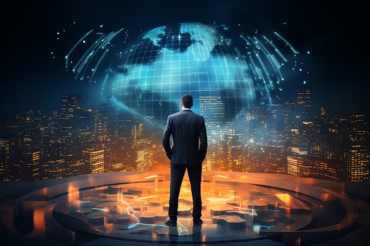 Foto gratuito scena con un uomo d'affari che lavora in un lavoro d'ufficio futuristico
