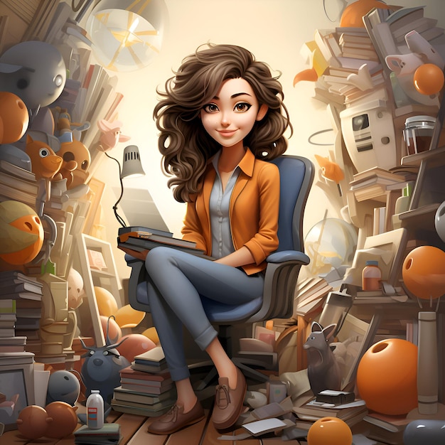 scena dei cartoni animati con una ragazza adolescente nella biblioteca illustrazione per bambini