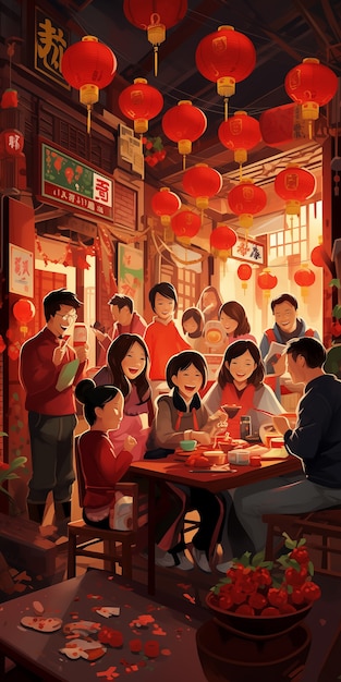 Scena della celebrazione del Capodanno cinese in stile anime