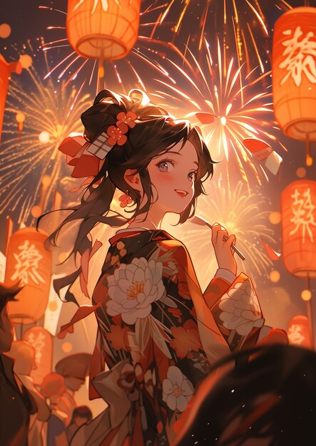 Scena della celebrazione del Capodanno cinese in stile anime