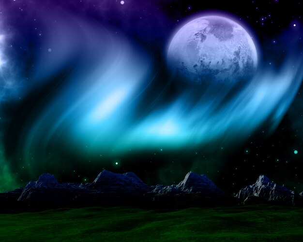 Scena dello spazio astratto con aurora boreale e pianeta immaginario
