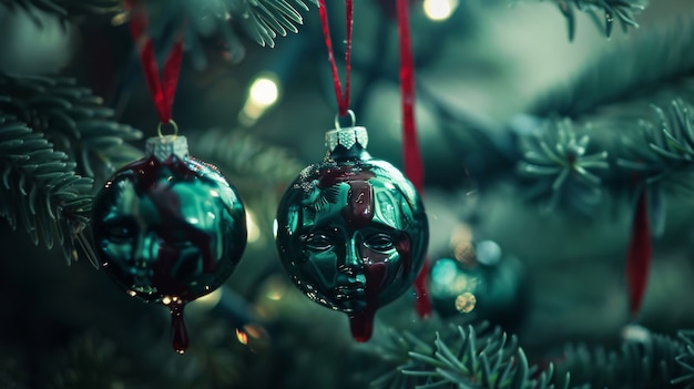 Scena di celebrazione natalizia in stile oscuro con ambientazione horror