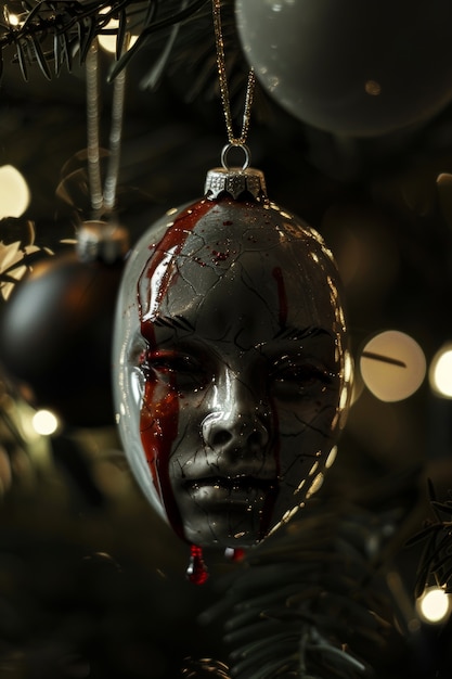 Scena di celebrazione natalizia in stile oscuro con ambientazione horror