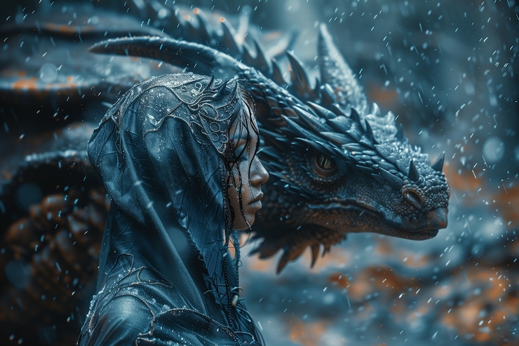 Foto gratuito scena di fantasia della donna con il drago