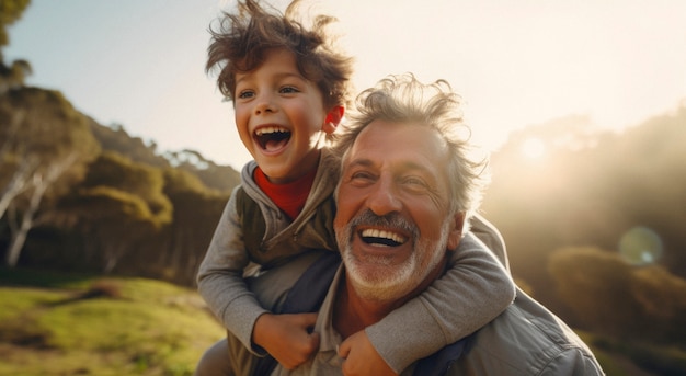 Scena di felicità fotorealista con il nonno e il ragazzo