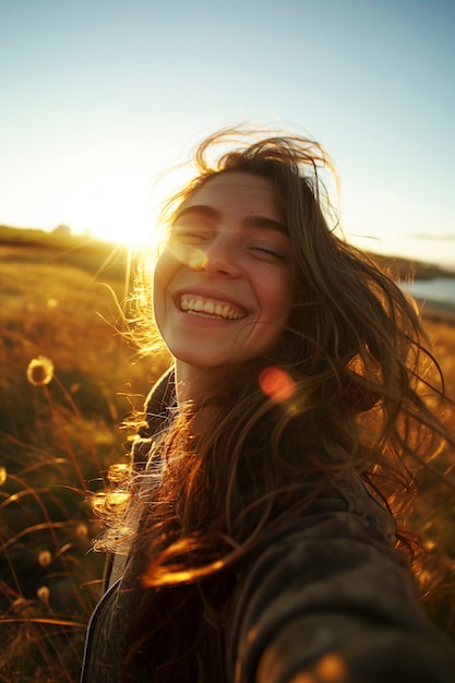 Scena di felicità fotorealista con una donna felice