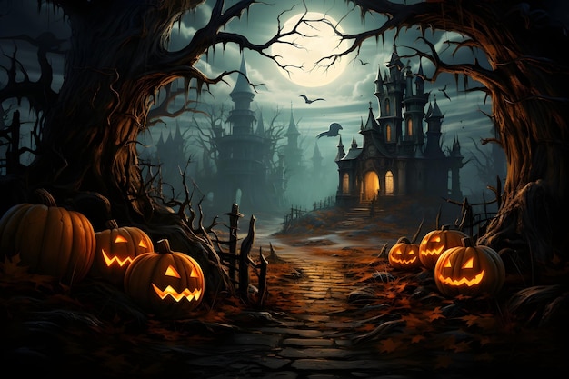 scena di Halloween con zucche, pipistrelli e luna piena sullo sfondo
