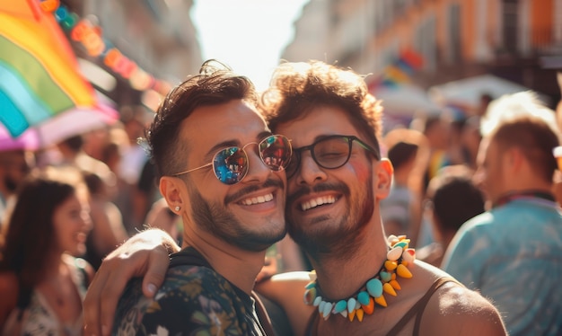 Scena di orgoglio con i colori dell'arcobaleno e uomini che celebrano la loro sessualità