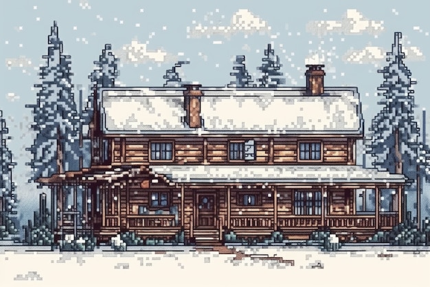 Scena di pixel grafici a 8 bit con casa in inverno