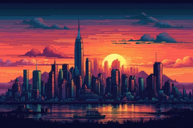 Scena di pixel grafici a 8 bit con città al tramonto