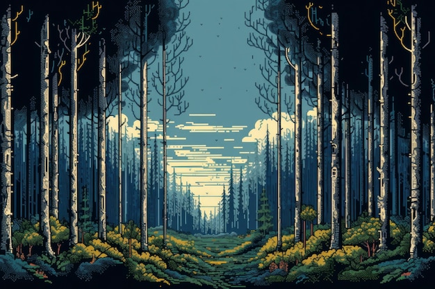 Scena di pixel grafici a 8 bit con foresta