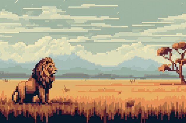 Scena di pixel grafici a 8 bit con leone