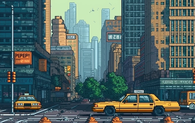 Scena di pixel grafici a 8 bit con taxi