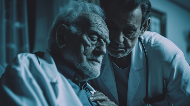 Scena di un lavoro di cura con un paziente anziano che viene curato