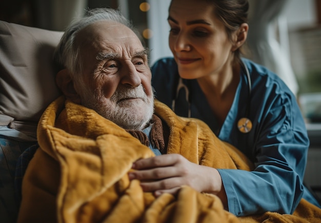 Scena di un lavoro di cura con un paziente anziano che viene curato