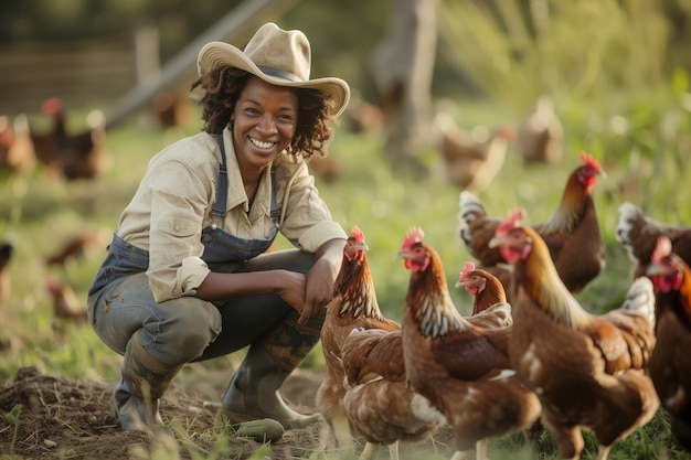 Scena di una fattoria di polli con pollame e persone