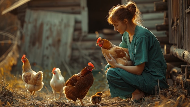 Scena di una fattoria di polli con pollame e persone
