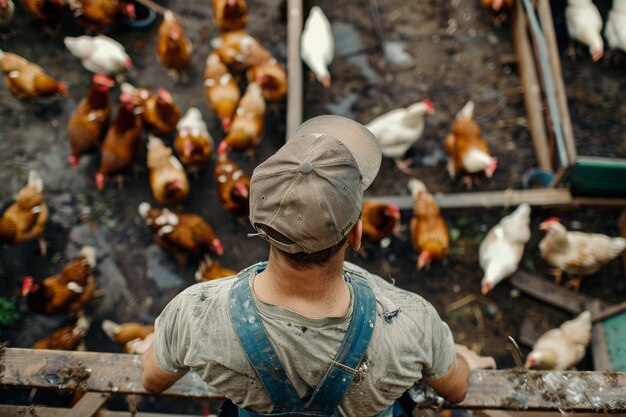 Scena di una fattoria di polli con pollame e persone