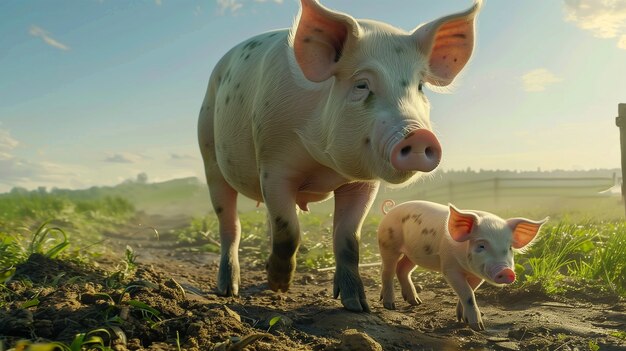 Scena fotorealista con maiali allevati in un ambiente agricolo