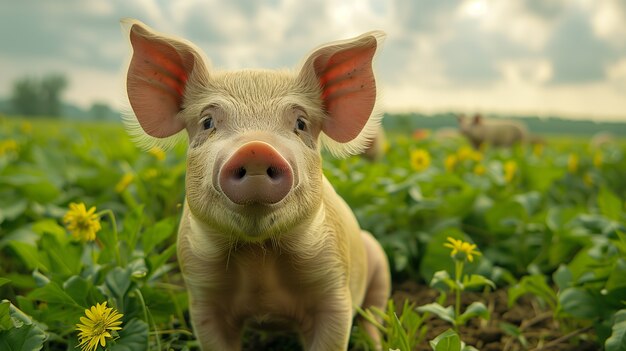 Scena fotorealista con maiali allevati in un ambiente agricolo