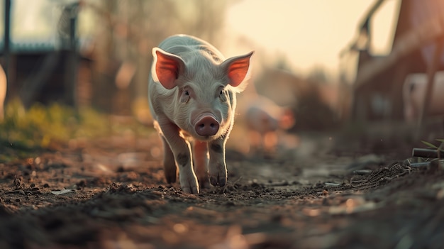 Scena fotorealista con maiali allevati in un ambiente agricolo