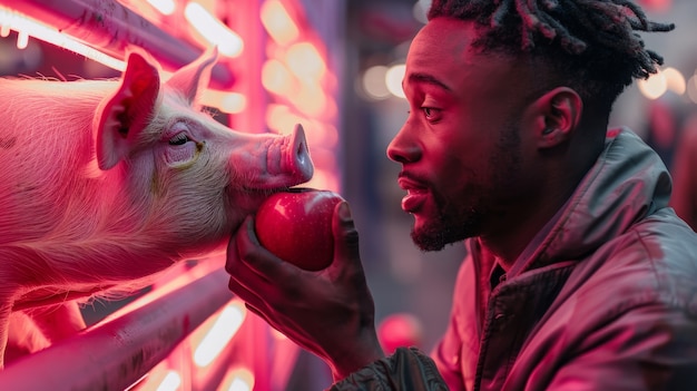 Scena fotorealista con una persona che si prende cura di un allevamento di maiali