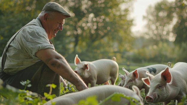 Scena fotorealista con una persona che si prende cura di un allevamento di maiali