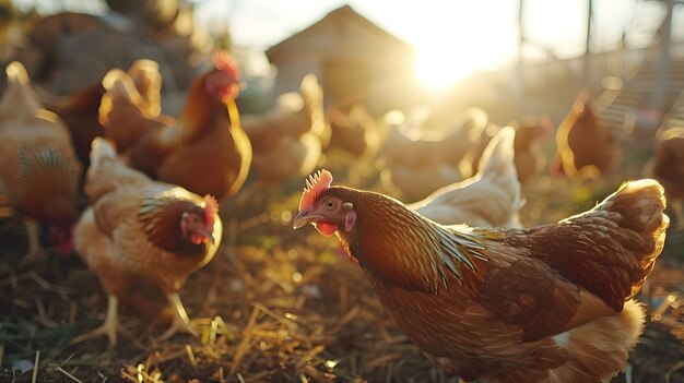 Scena fotorealista di un allevamento di pollame con polli