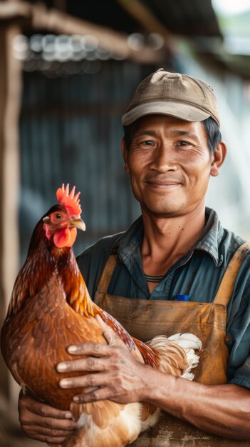 Scena fotorealista di una fattoria avicola con persone e polli