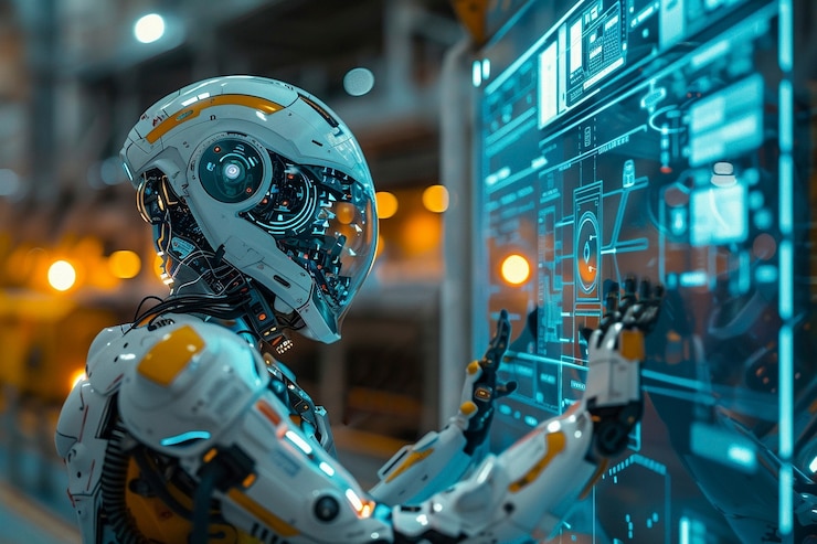 Foto gratuito scena futuristica con robot ad alta tecnologia utilizzati nell'industria delle costruzioni