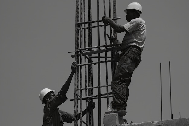 Scena in bianco e nero che mostra la vita degli operai edili sul sito