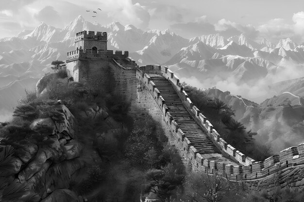 Scena in bianco e nero della Grande Muraglia Cinese