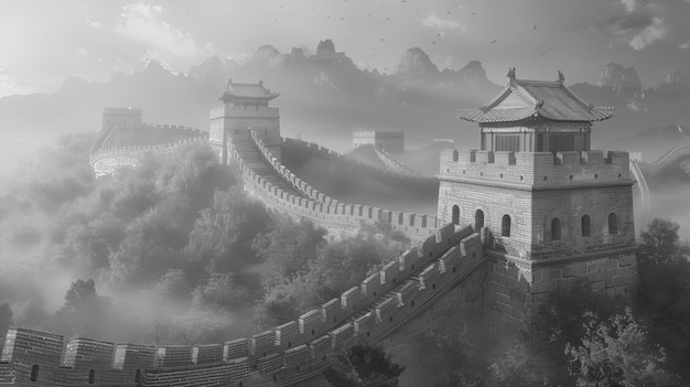 Scena in bianco e nero della Grande Muraglia Cinese