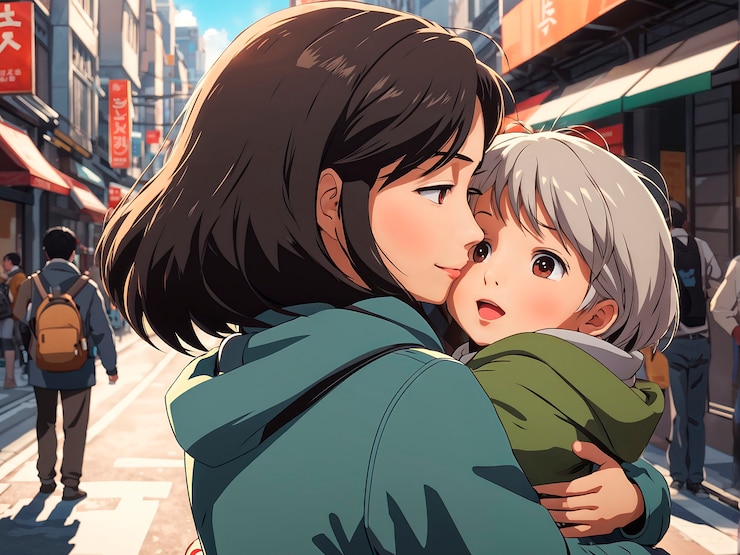 Foto gratuito scena in stile anime con persone che mostrano affetto all'aperto in strada