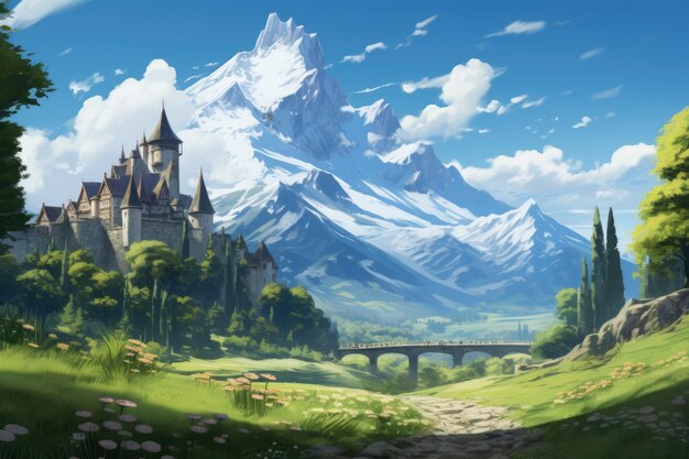 Scena in stile fantasy con paesaggio di montagne