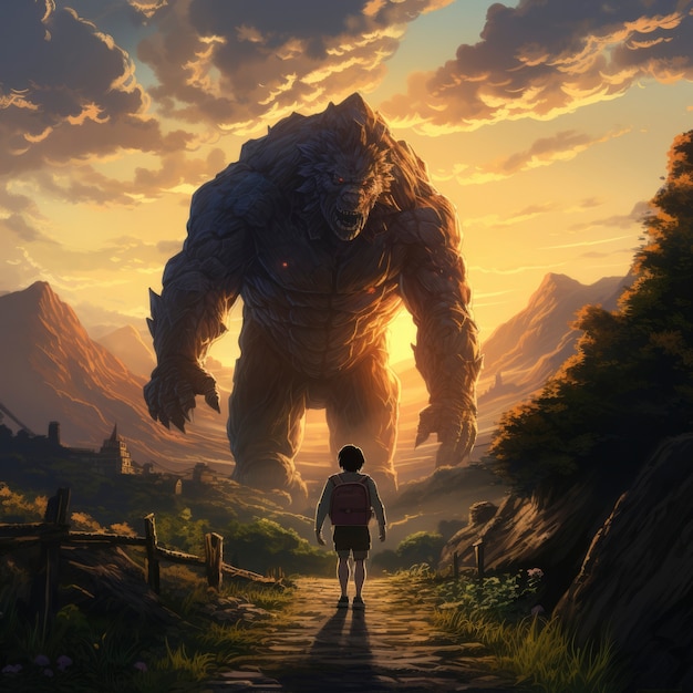 Scena in stile fantasy con paesaggio di montagne