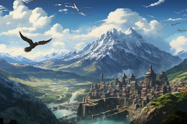 Scena in stile fantasy con paesaggio di montagne