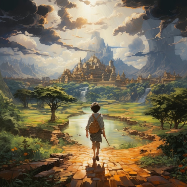 Scena in stile fantasy con paesaggio di montagne